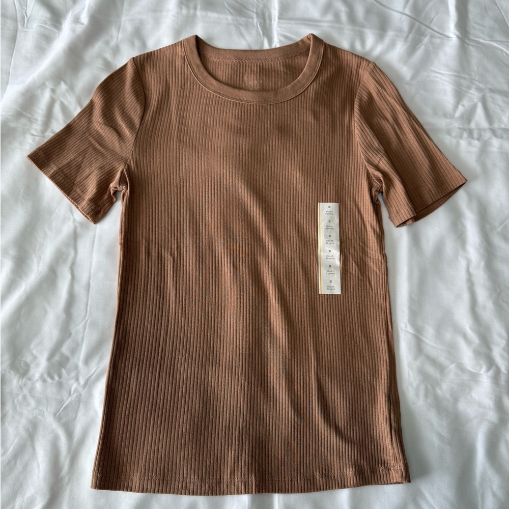 Camel Brown Ribbed Knit Tee